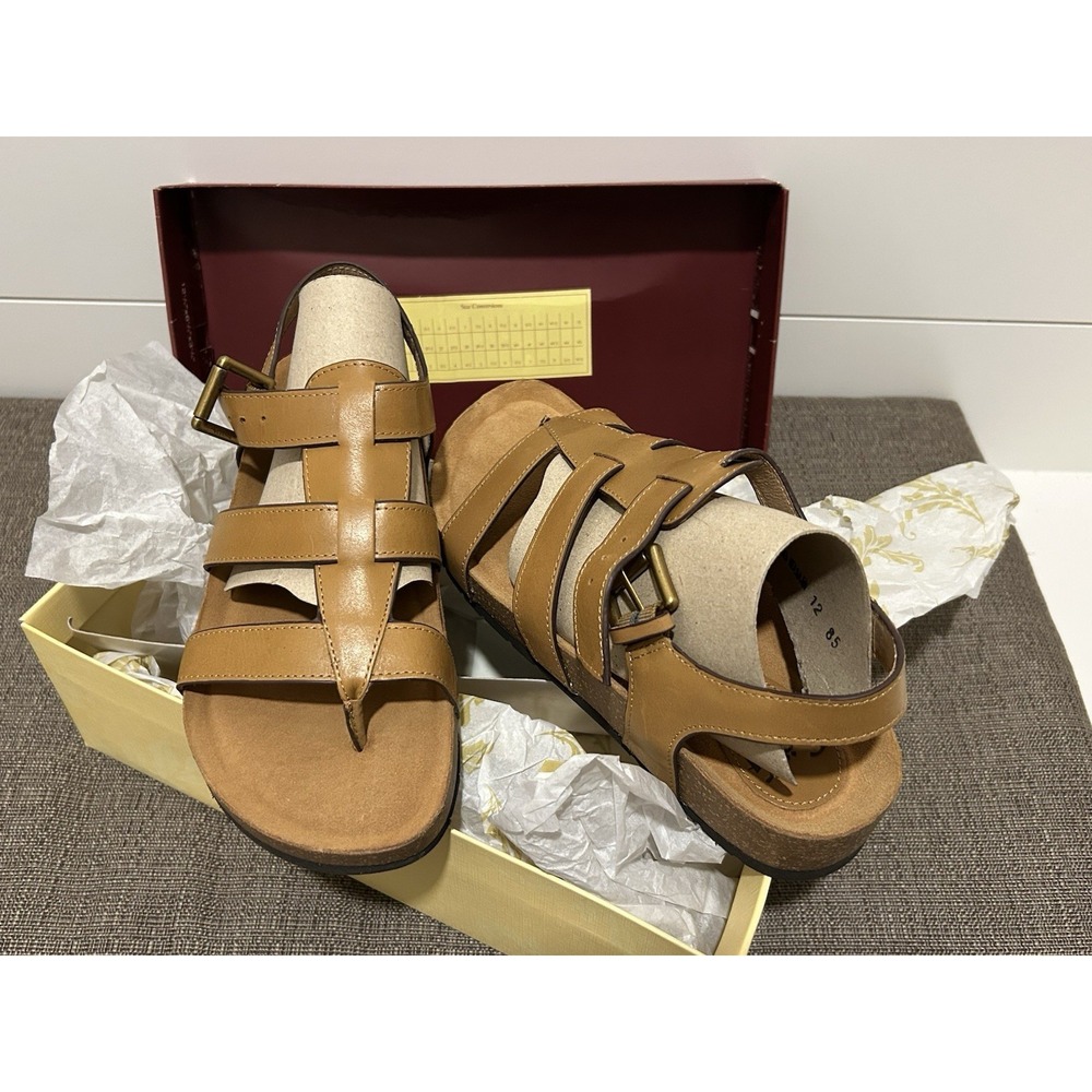 Sofft Burdette Luggage Tan Leather Strappy Cork Footbed Sandals Womens 8.5 NEW